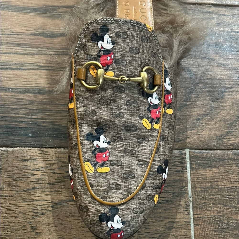 Gucci x Disney Mickey Mouse Fur Lined Princeton Mules Coated Canvas GG EU36 US 6 - Picture 4 of 10